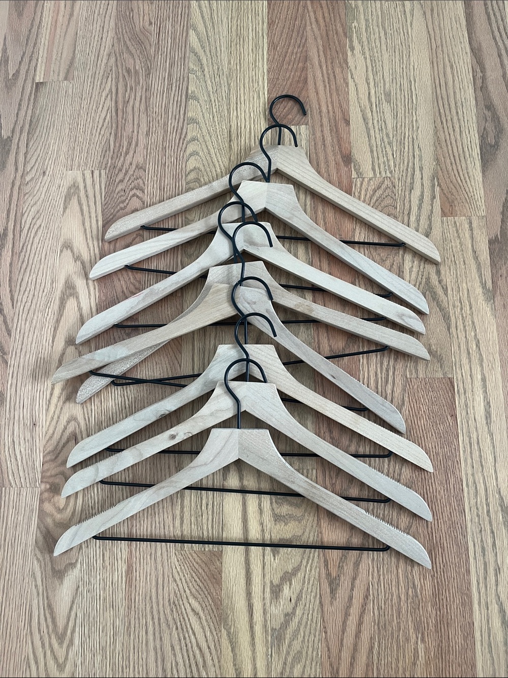 Natural Wood Suit Hangers with Black Metal Hooks - Set of 8